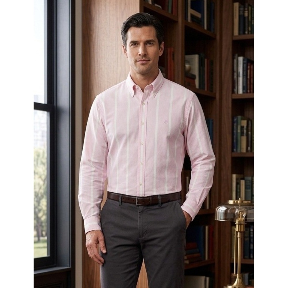 Brooks Brothers Regent Fit Striped Non-Iron Stretch Men's XL Pink White Preppy